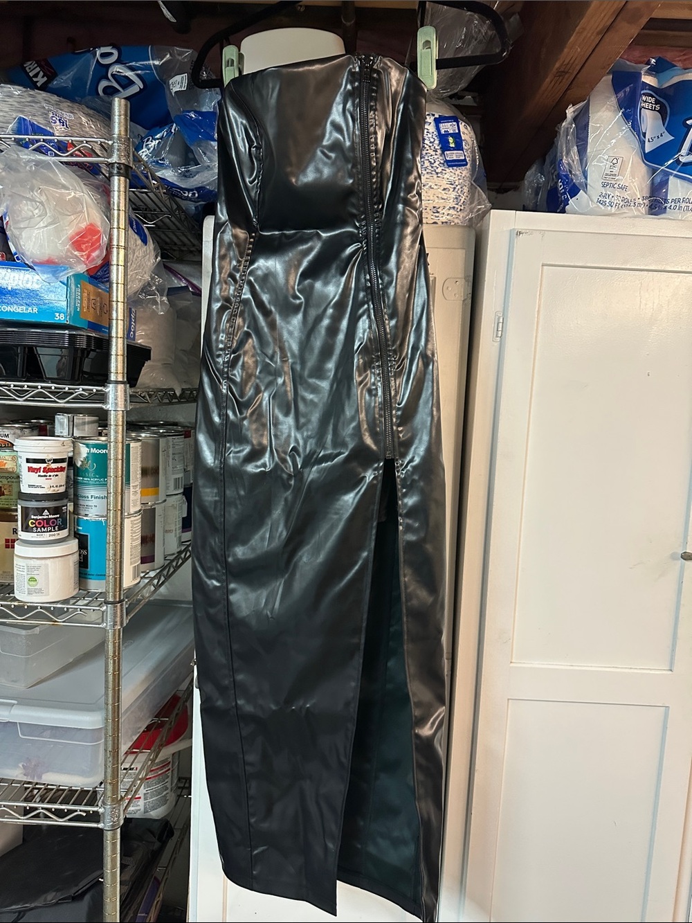 Windsor Black Vegan Leather Strapless Maxi Dress with Front Slit